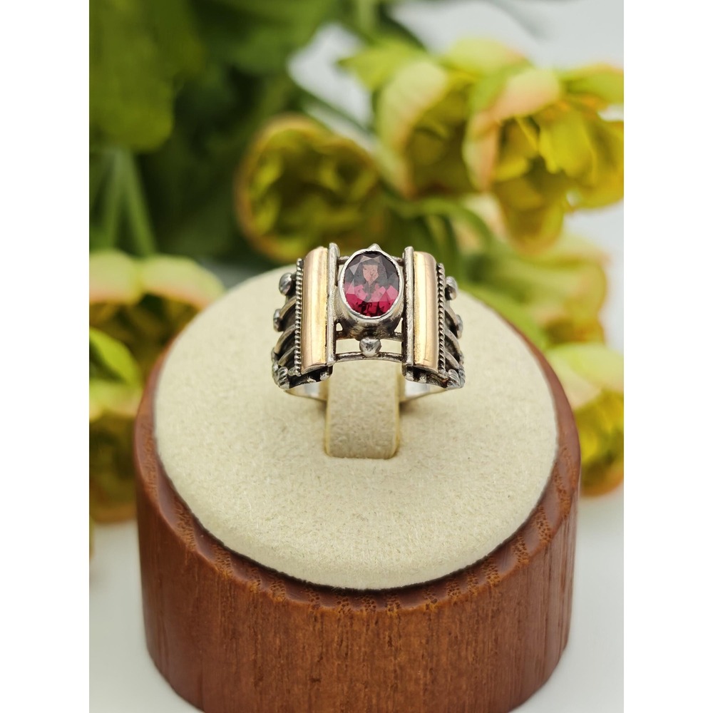 Artisan Mixed Metal Garnet Ring Women Size 4 Silver 18K Gold Southwest Modern